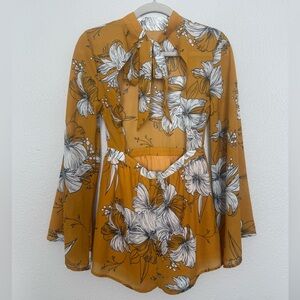 Floral Mustard Jumpsuit with Open Bow Tie Back